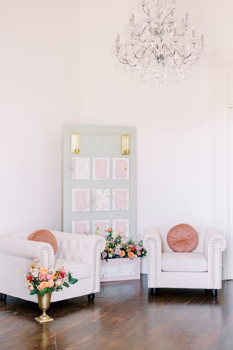 Spring wedding styled shoot reception details at Oak Place